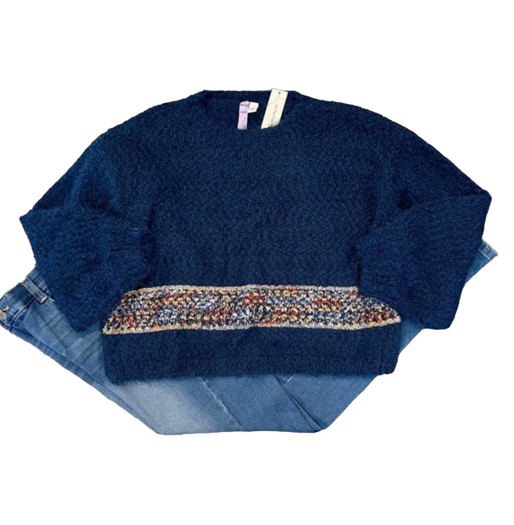 NWT Francesca's Alya Blue Blue w/Colorful Border Crewneck Sweater